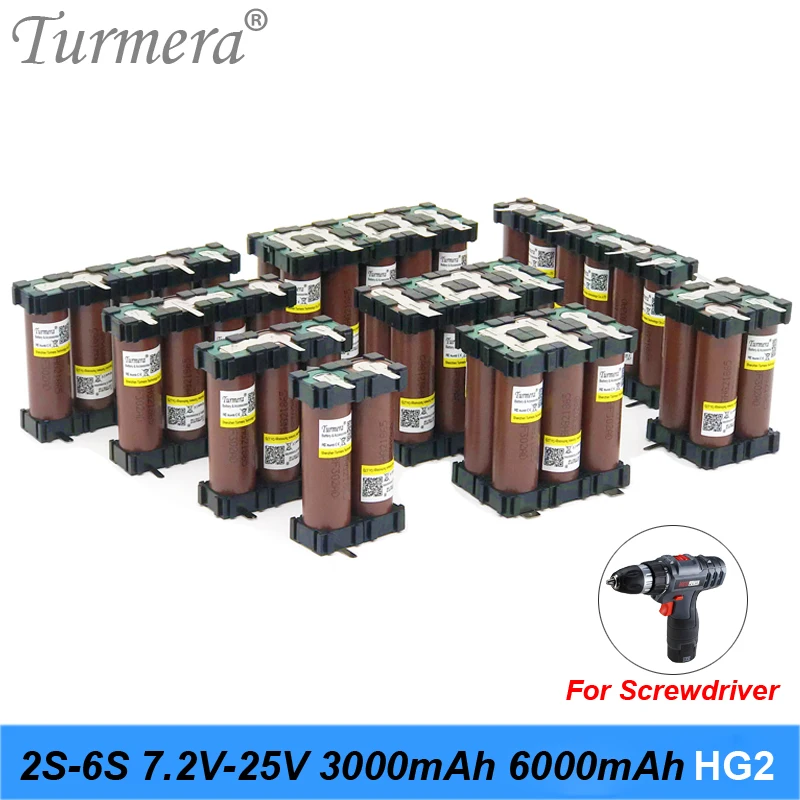 Turmera 3S 4S 5S 18650 HG2 3000mAh 6000mAh 30A Battery with Holder Soldering for 10.8V 12V 16.8V 18V 21V 25V Screwdriver Battery