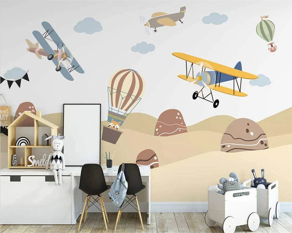 beibehang Custom Nordic hand-painted flying papier peint animal airplane hot air balloon children's room background wallpaper