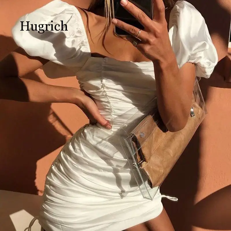 Sexy Puff Sleeve Ruched Bandage Women Summer White Skinny Backless Dresses Solid Nightclub Bodycon Vestidos