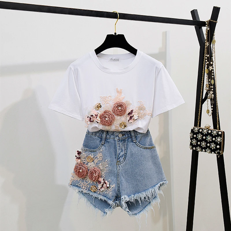 Fashion Cotton T-Shirt Tops + Short Jeans 2 Pieces Sets 2024 New Summer Women\'s Denim Pants Outfits 3D Flowers Beading Suits