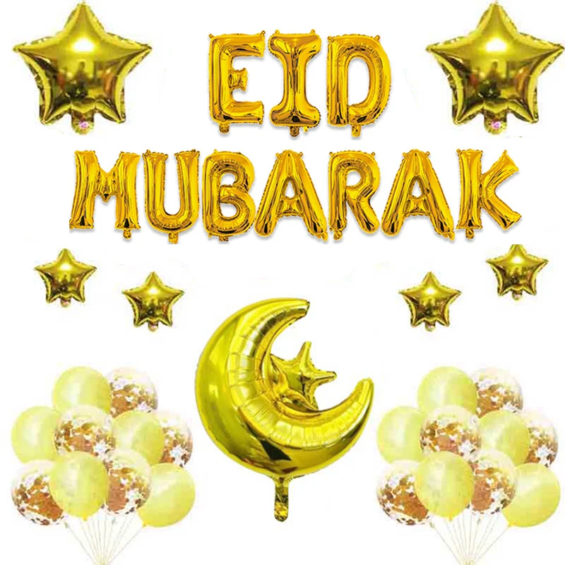 Eid Mubarak Star Moon Foil Balloons Ramadan Kareem Banner Rose Gold Confetti Latex Balloon Muslim Islamic Party Decorations