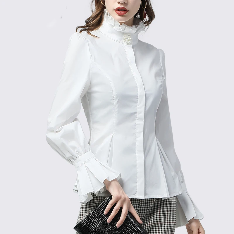 Office Ladies White Shirt Turtleneck Ruffled Cotton Top Pearls Beaded Flared Long Sleeve Plus Size Elegant Slim Work Wear Shirts