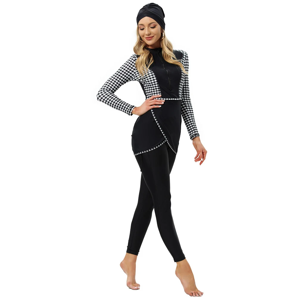 YONGSEN Muslim Swimwear Women Modest Clothing Burkini 3pcs with Bra Padding Patchwork Hijab Swimsuit Islamic Bathing Suit