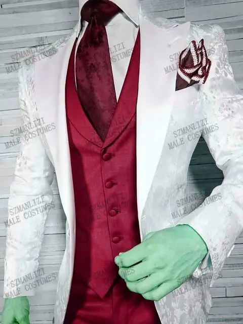 

3 Piece Set Suit Men 2021 New Design Men Clothing White Jacket Burgundy Vest Pant Robes De Mariage Groom Tuxedo Wedding Dress