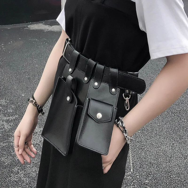 New Fashion Punk Rock Leather Fanny Bag Belt Women High Quality Black Waist Belt Harajuku Harness Fanny Packs Female Purse