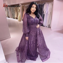 Dubai Full Lace Long Flared Sleeves Evening Night Dresses 2023 Mermaid V-Neck Crystal Arabic Formal Prom Wedding Party Gowns