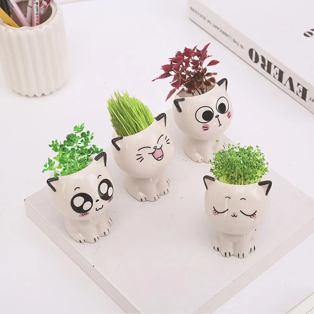 Mini Cat Shaped Ceramic Flowerpot Cartoon Cute Hand Desktop Potted Plant Pot Landscaping Decoration Desk Decorate Small Ornament