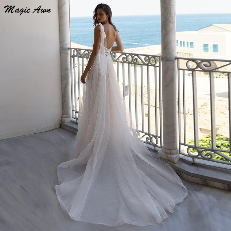 Awn vestido de casamento mágico, um ombro, com pérolas, costas nuas de contas, país de praia, vestido de noiva, ilusionismo de casamento 2021