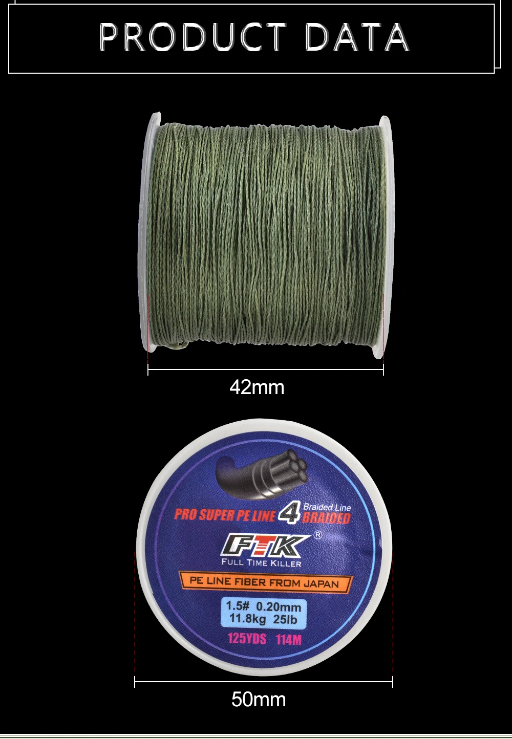 FTK 114M Geflochtener Draht PE Geflochten 0,4 # -6.0 # Code 4 Stränge 8-60LB PE Geflochtene 0,1-0,4mm Multifilament-Angelschnur für Salzwasser – Detail 6