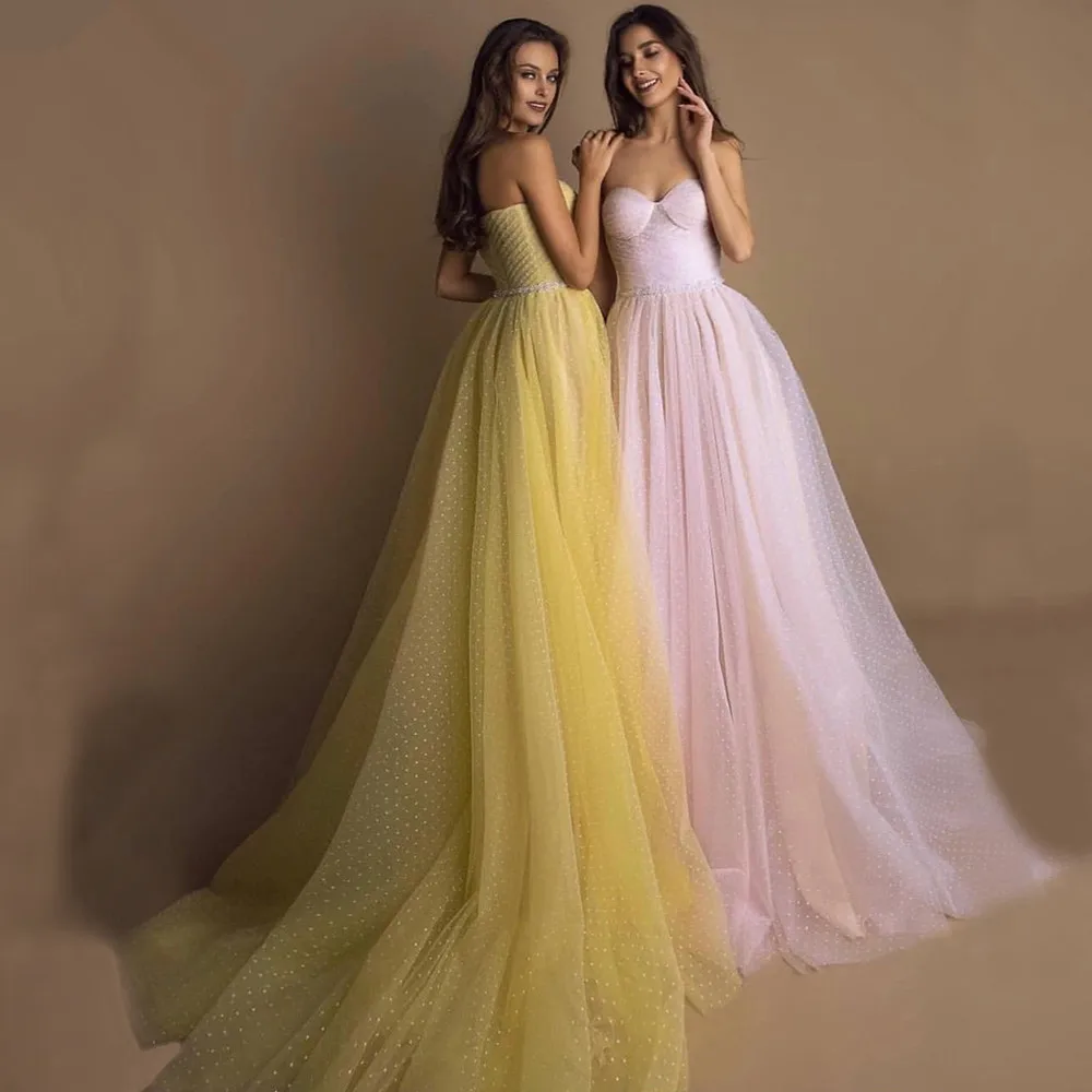 สีเหลืองสดใสพรหมชุด2021สีชมพู Dot Tulle A-Line ชุดพรรคยาวอย่างเป็นทางการหลังแขน Elegant Dresses Robes De Soirée