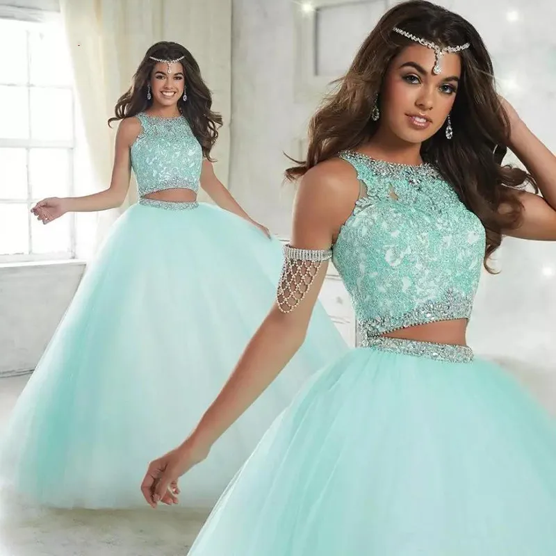 Cristais de luxo quinceanera vestidos de baile dois 2 peça lantejoulas tule baile debutante dezesseis doce 16 vestido vestidos de 15 anos