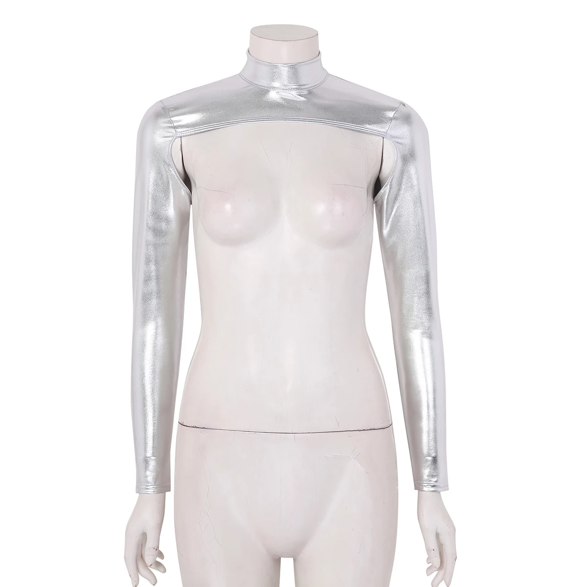 Women Zipper Form Fitting Shrugs Shirts Blouses Crop Top Female Shiny Metallic Long Sleeves Shawl Cover Up Apparel Accessories