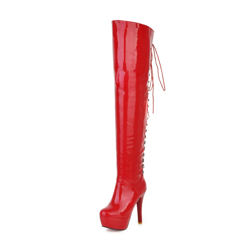 Sgesvier Fashion Red Women\'s Thigh High Boots Sexy High Heel Over The Knee Boots Women PU leather Sexy Long Dance Party Shoes