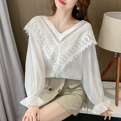 Womens Tops and Blouses Oversize Shirt Loose V-neck Hollow Shirt Chiffon Lace Long Sleeve Top Undefined