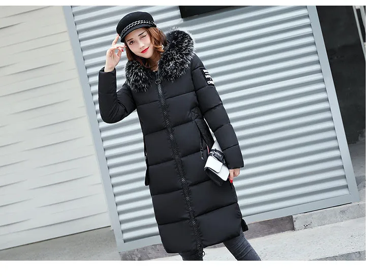 2025 Women's Down Parkas Winter Jacket Big Fur Collar Thick Slim Coat Fashion Hooded Cotton Outerwear Long Winter Woman Coat