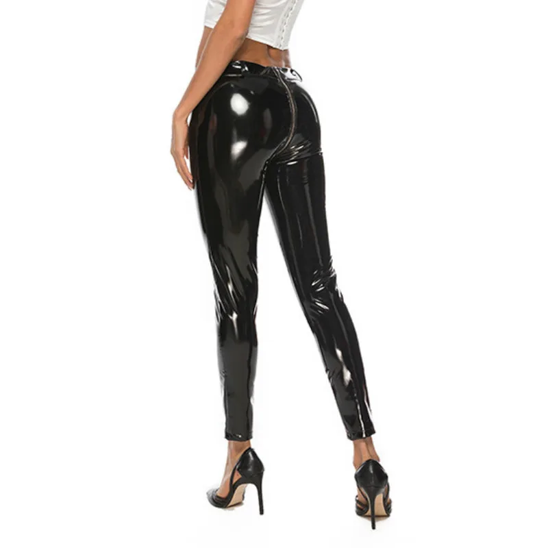 

Sexy Women PVC Leather Hot Pants Trousers Liquid Wet Look Zippered Open Crotch Shiny Slim Leggings Skinny Woman Costume