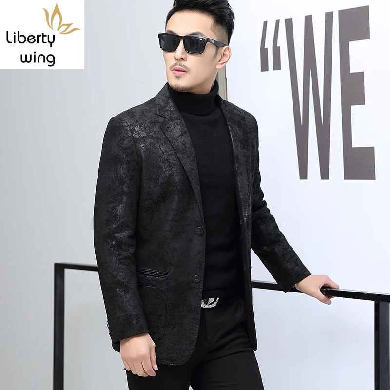 Genuine Leather Formal Coat Men Fashion Spring Autumn Printed Slim Blazer Luxury Wedding Office Black Suit Jacket Plus Size 5XL