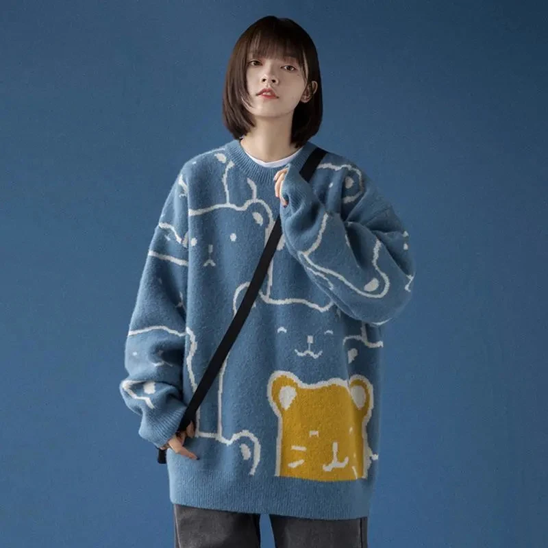 Autumn Winter Bear Print O-neck Long Sleeve Pullover Knitted Korean Couples Loose Knitted Sweater Casual Warm Oversized Sweater