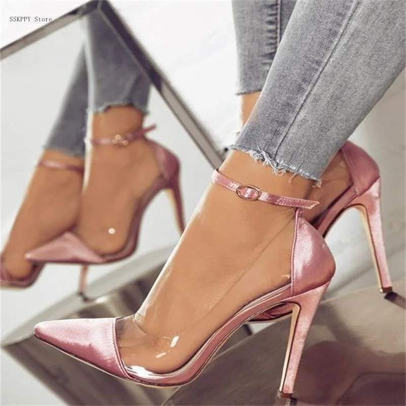 Women's Belt Buckle Fashion Shoes 2021 Foreign Trade New Transparent High Heels Pointed Toe Color Matching Shoes Clear Heels