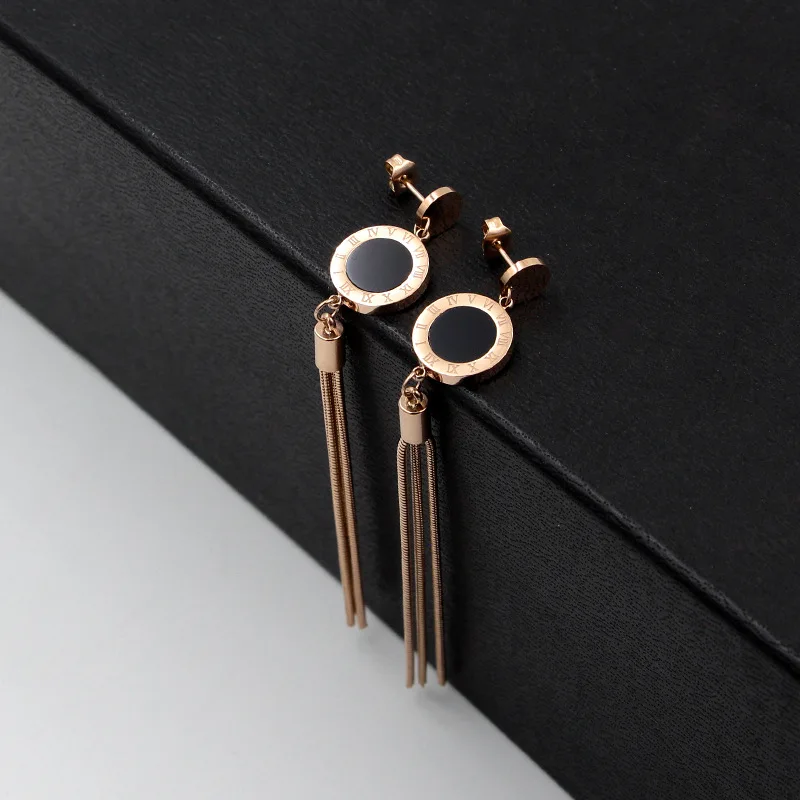 Fashion jewelry steel ball earrings hanging black Roman numeral round cake snake bone chain tassel women earrings gift E026