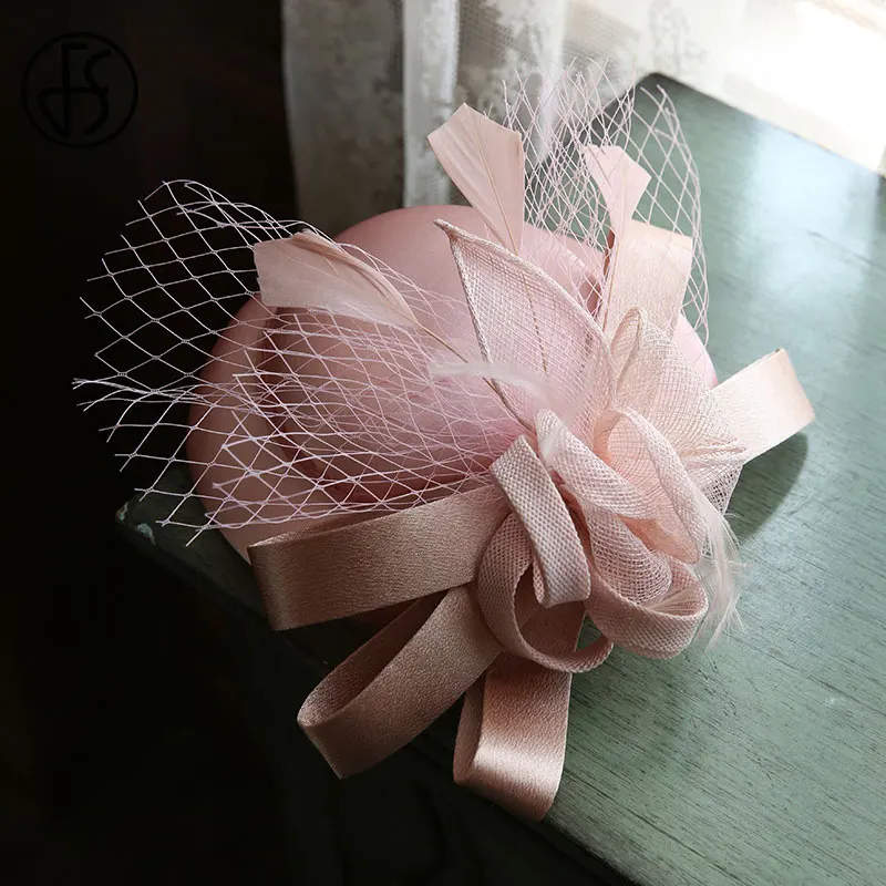 FS Women Fascinator Hat Pink Feather Cocktail Wedding Party Church Hats Fashion Headwear Black White Hair Accessories For Bride