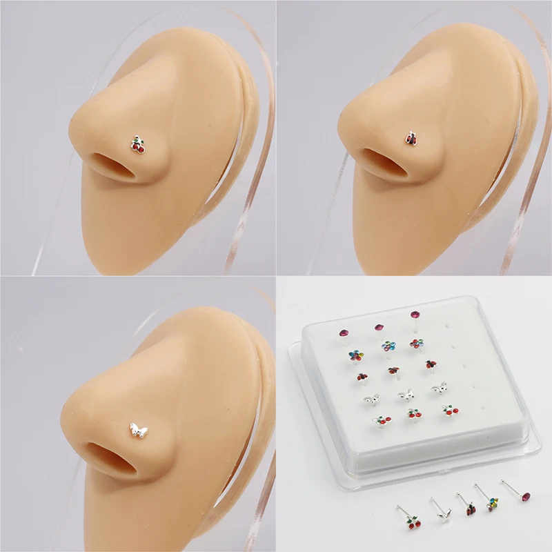 20PCS Enamel Cherry Shape Nose Studs for Women Men Bendable Ball End Pin Nose Bone Stud Ring Piercing Pin Body Jewelry