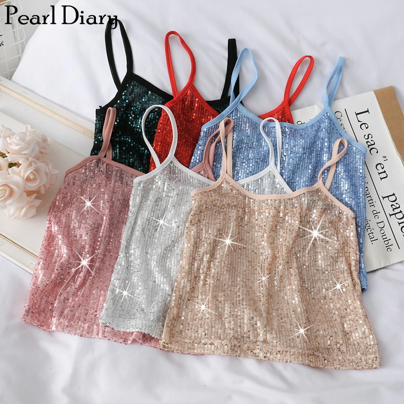 Pearl Diary Women Sequins Spaghetti Top Korean Style Shiny Sequins Sexy Crop Top Bling Bling Party Sequins Cami Crop Strappy Top