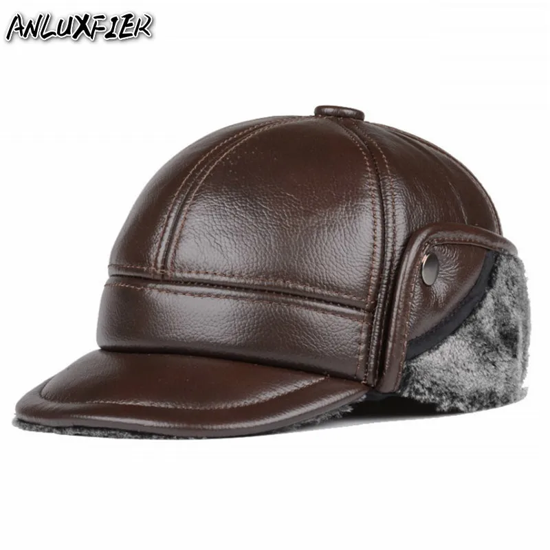 B-8810 Male Genuine Leather Hat Adult Winter Warm Hats Men's Outdoor Ear Protection Hat Men's Fur Inside Cap