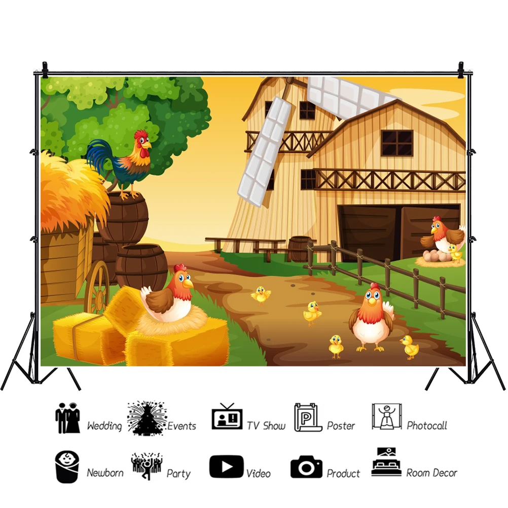 Laeacco การ์ตูนฟาร์ม Windmill เด็กตกแต่งห้องวันเกิดถ่ายภาพพื้นหลังสำหรับ Photo Studio