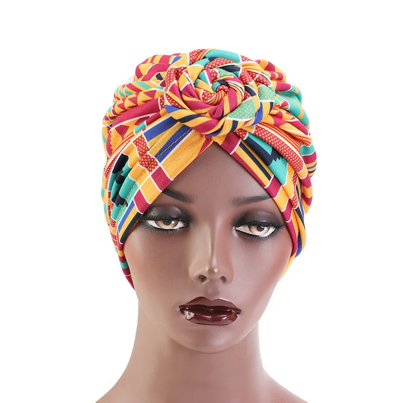 Afrikanische Druck Turban Hut für Frauen Scrunchies Knoten Headwrap Stretch Bandanas Party Headwear Damen Kopftuch Haar Zubehör – Detail 4