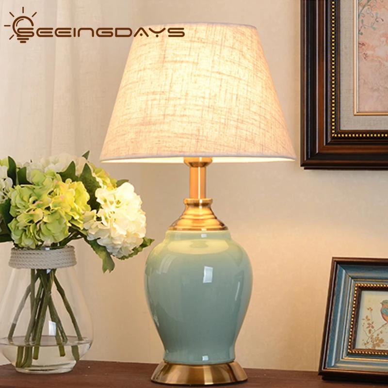 American Style Green Ceramic Table Lamp For Bedroom Living Room Chinese Warm Bedside Lamp