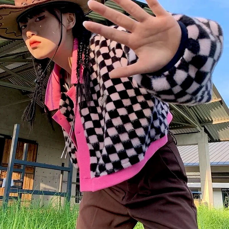  Korean Fashion Y2k Tops Harajuku Checkerboard Sweater Autumn New Cropped Cardigan Women Contrast Color Knitwear Streetwear