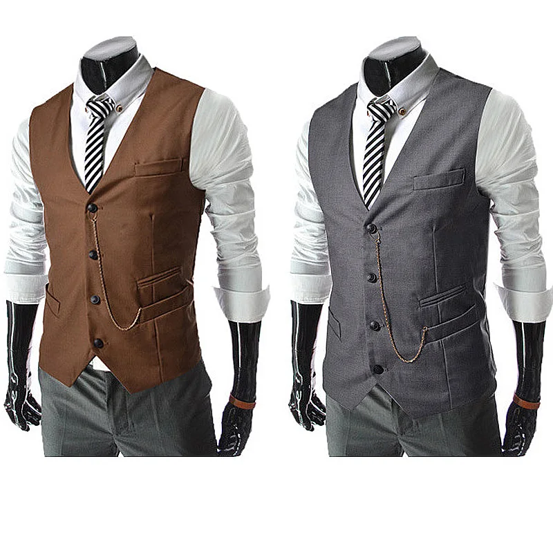 Colete vintage de peito único masculino, colete preto retrô, monocromático, decoração em cadeia, slim fit, vitoriano, casual