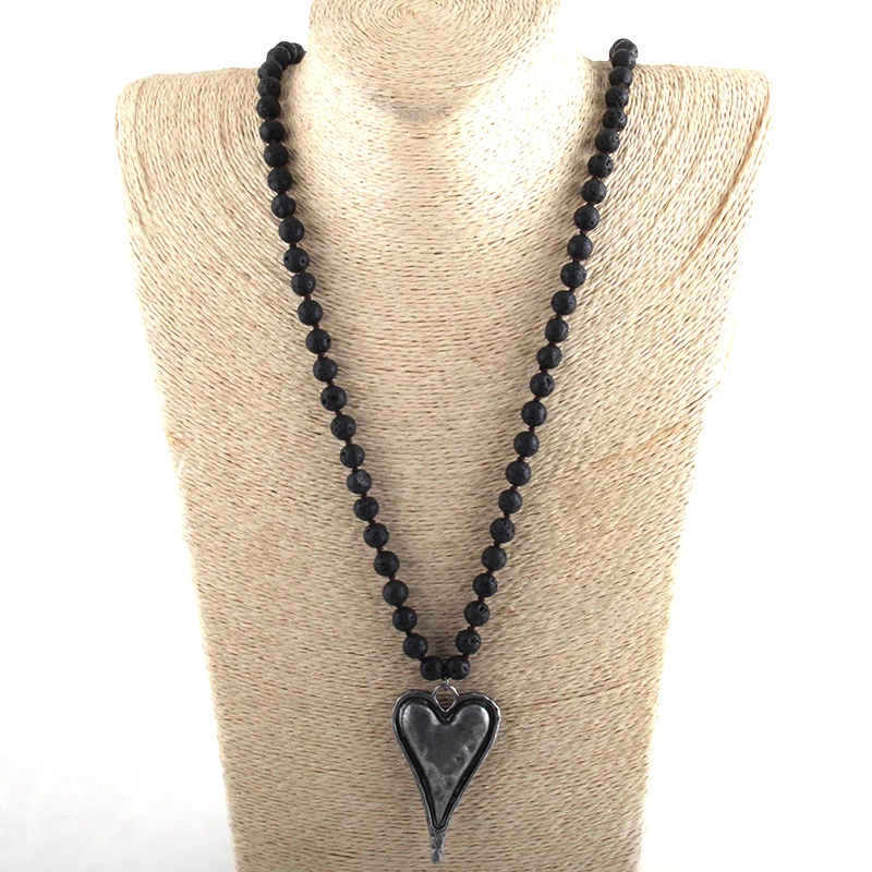 Fashion Bohemian Tribal Jewelry Black Lava Long Knotted Metal Heart Pendant Necklaces For Women