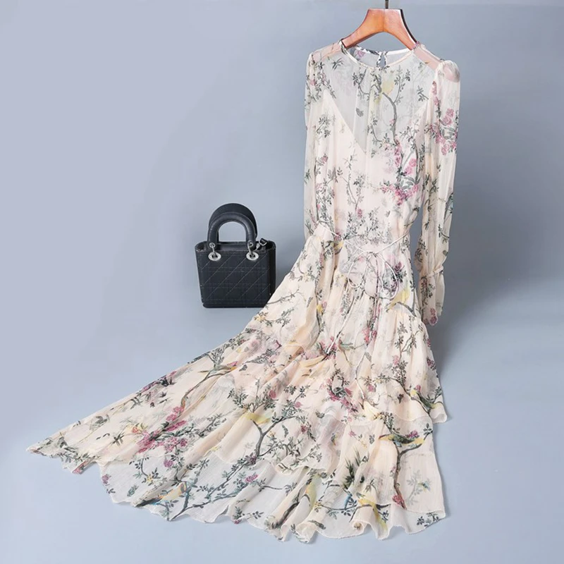 100% Silk Dresses Women Natural Silk Floral Dress Two Pieces Print Long Dress O Neck Long Sleeves Ruffles Dress Fashion