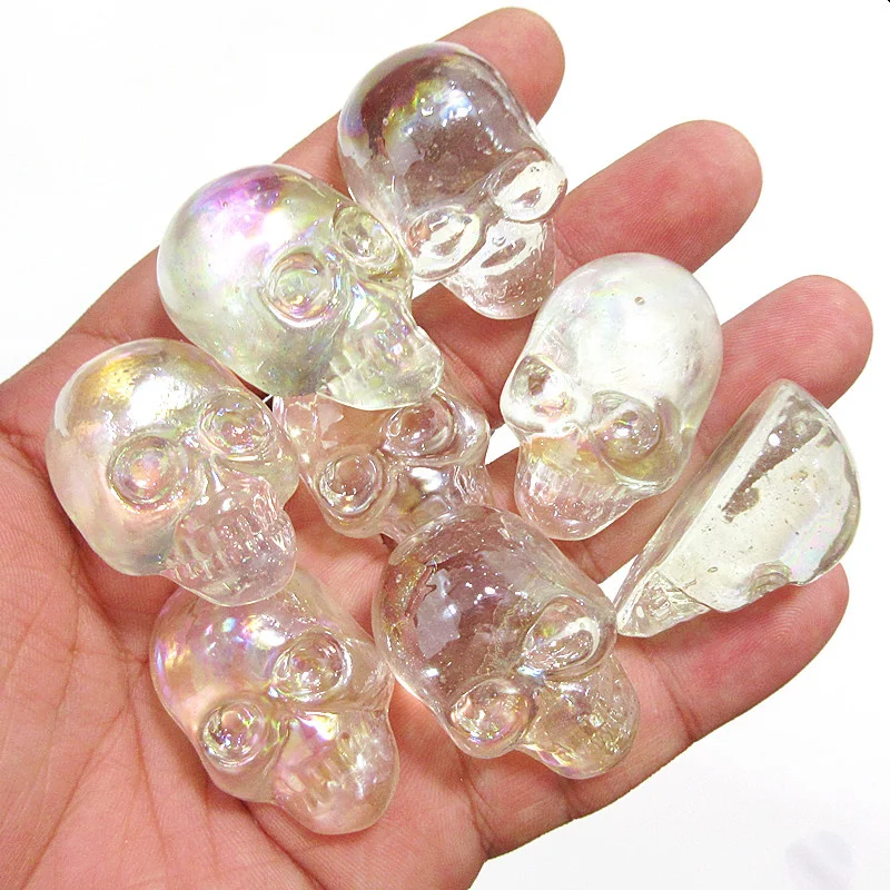 

2pcs Halloween Skull Figurines Decoration Pearlescent Craft Clear Glass Ornaments Holiday Party Home Tabletop Decor Accessories