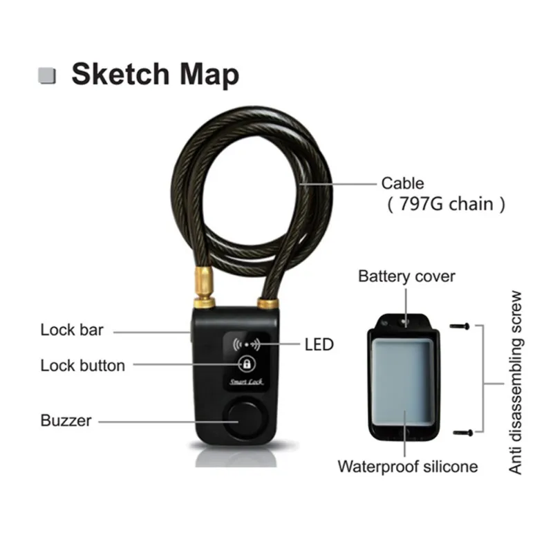 New Intelligent Phone APP Control Smart Alarm Bluetooth-compatible Lock Waterproof 110dB Alarm Bicycle Lock  Anti Theft Lock