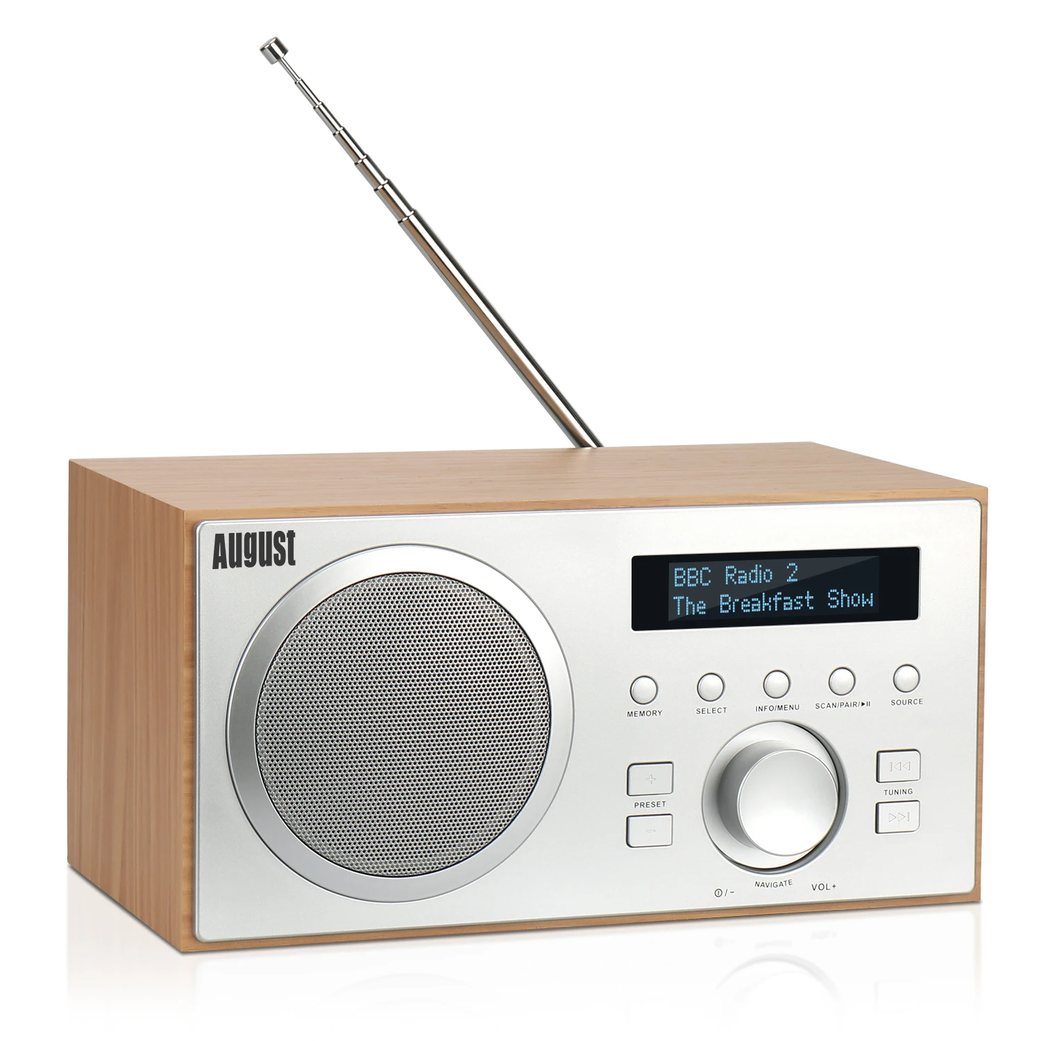 August MB420 DAB FM Bluetooth Wood Radio Digital Terrestrial USB, Digital and Analogue player Hifi Alarm clock Earphone jack