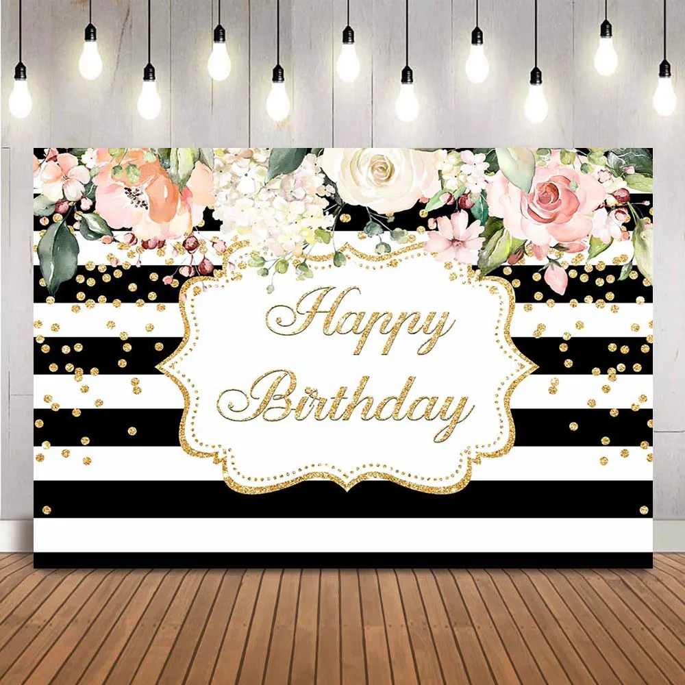 Black and White Stirpe Backdrop for Photography Studio Happy Birthday Theme Party Decoration Supplies Rose Flowers Photocall