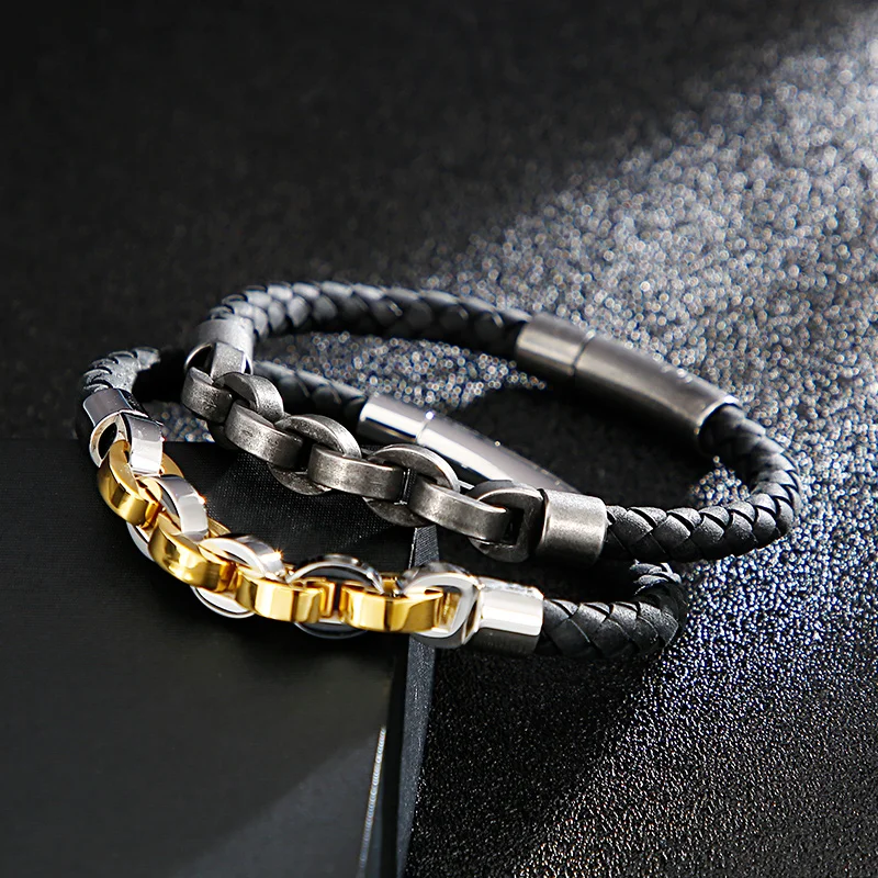 KALEN Fashion Multiple Color Stainless Steel Bracelets Men Black Cowhide Leather Charm Bangle Bracelet For Men Wristband Jewelry