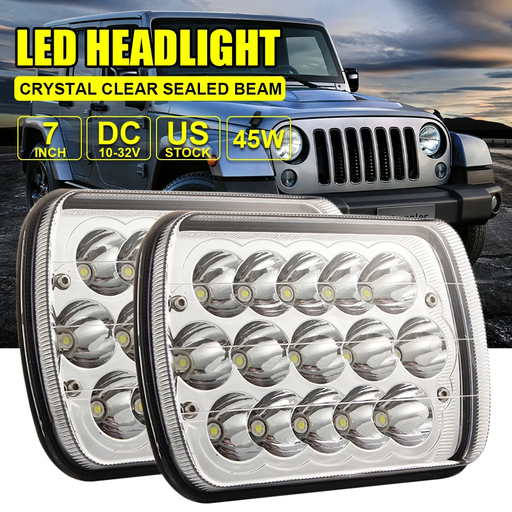 

Car Headlight H4 5x7 Square 45W 15LED High Lumen 7 Inch 6000K White Driving Lights Hi/Lo Beam Waterproof for Jeep Truck