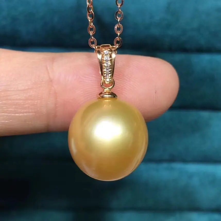 D726 Pearl Pendant Fine Jewelry Solid 18K Gold 12-13mm Nature Sea Water Golden Pearls Pendants Necklaces for Women Presents