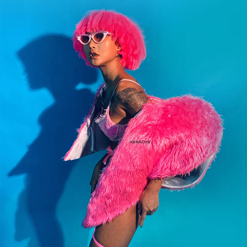 Gogo Ds Dancing Costume Pink Plush Coat Bikini Suit Nightclub Dj Singer Dancer Performance Stage Clothing Rave Outfit VDB3632