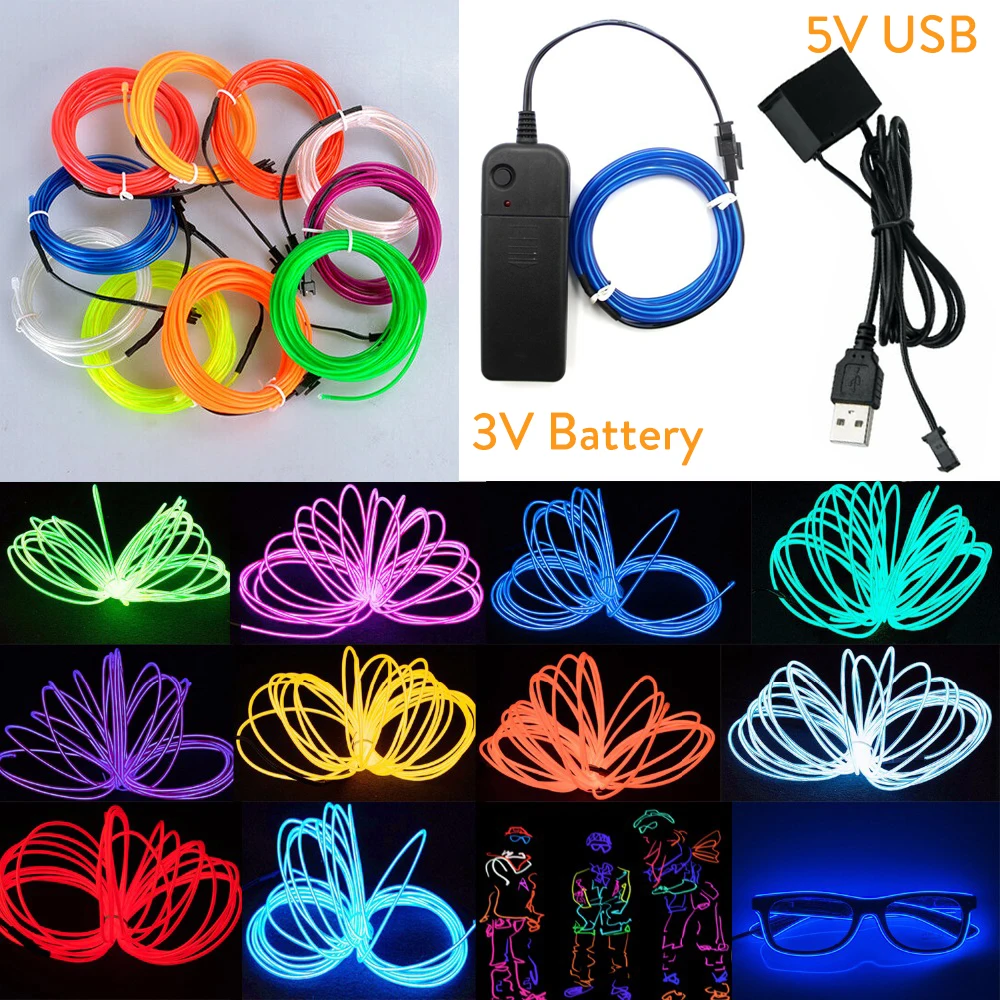 5M LED Neon Glow EL Wire Light String Rope Cable with 3V 5V USB Battery Powered Controller for Car Party Club Dancing DIY Decor