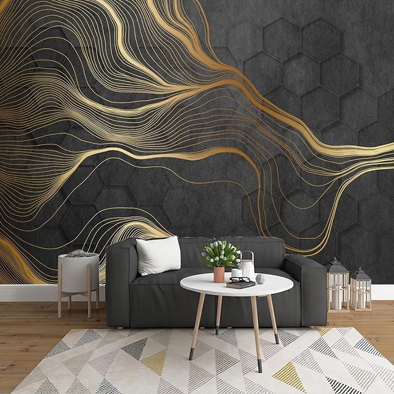 Hexagon Geometric Pattern Abstract Golden Lines Art Mural Wallpaper For Hotel Bedroom Living Room Sofa TV Background Home Decor