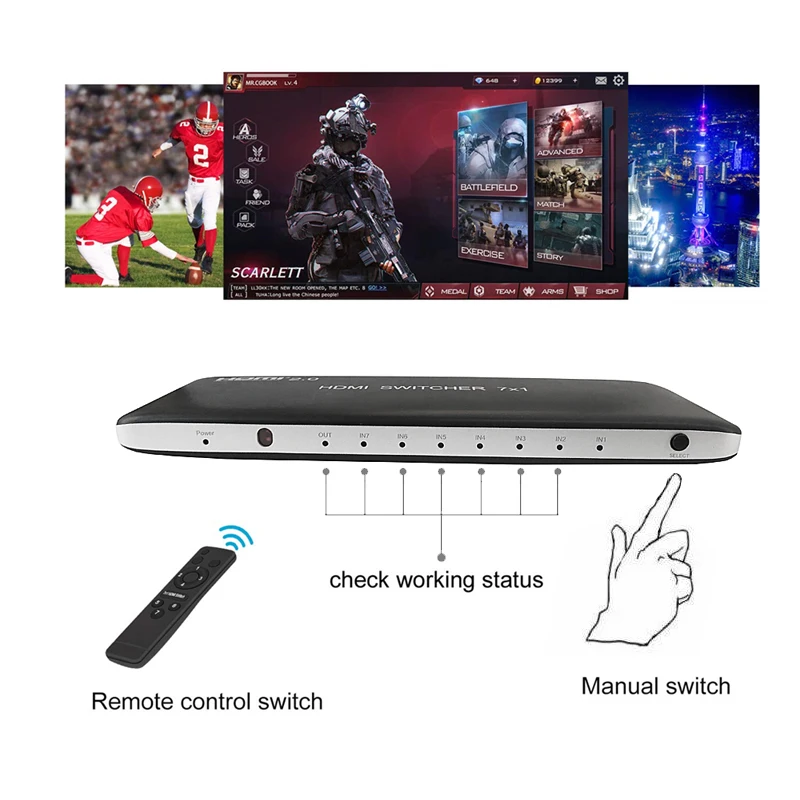 4K 60Hz HDMI 2.0 7X1 Switcher Audio Video Converter 7 In 1 Out 3DสำหรับPS3 PS4คอมพิวเตอร์PC DVDเครื่องเล่นHD TV STB HDTV