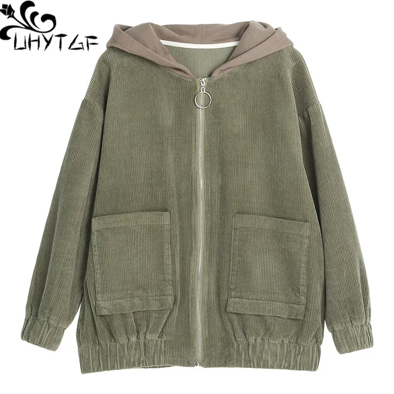 

UHYTGF Korean 3XL Big Size Jacket Women Fashion Corduroy Casual Spring Autumn Coat Female Elegant Mom Short Jacket Thin Top 1789