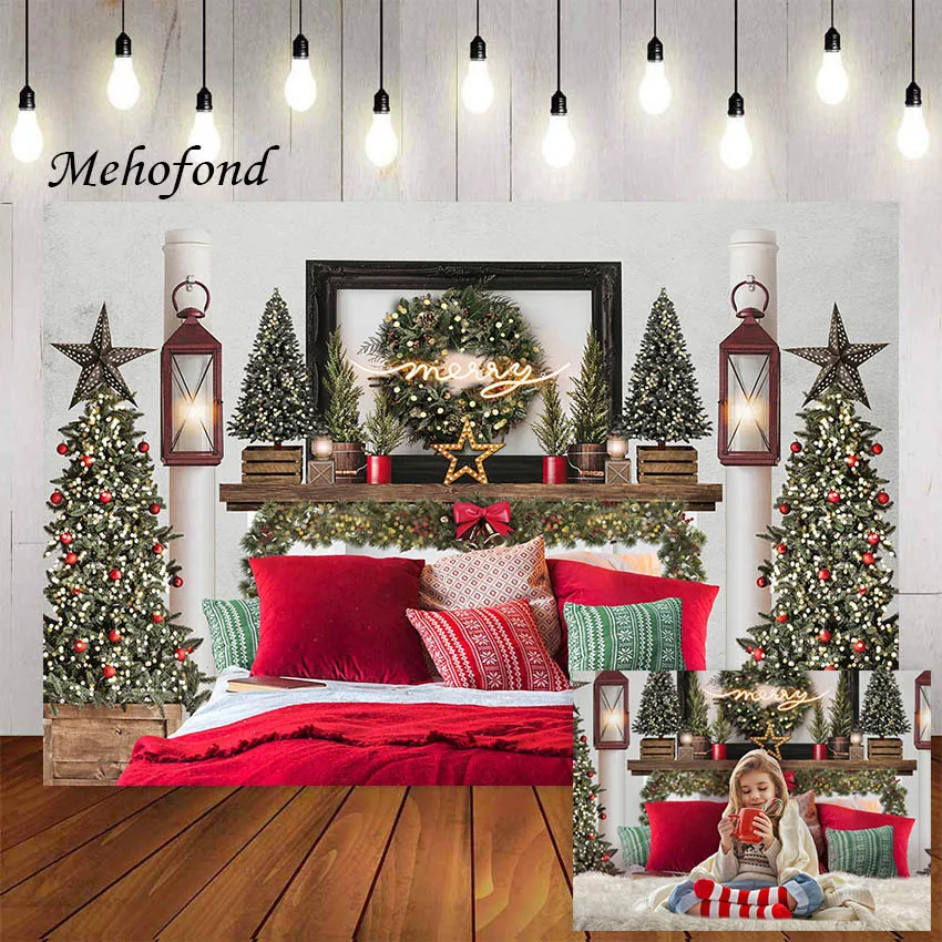 Mehofond Photography Background Winter Christmas Wreath Bedside Bed Holiday Family Baby Kid Child Portrait Backdrop Photo Studio