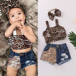 0-3Y Denim Outfits for Toddler Baby Girls Sleeveless Leopard Crop Tops vest Hipster Jean Pants Shorts 2021 Summer Clothes Set