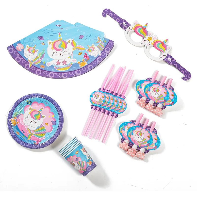 36pcs/set Unicorn Cat Disposable Tableware Set Kids Birthday Party Supplies Paper Plate Mermaid Kitty Cartoon Venue Decorations